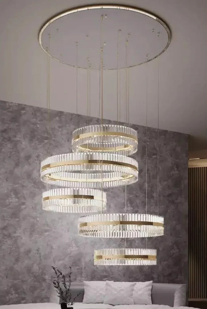 Modern Luxury 5-Ring Crystal Chandelier in Gold Finish for Staircase