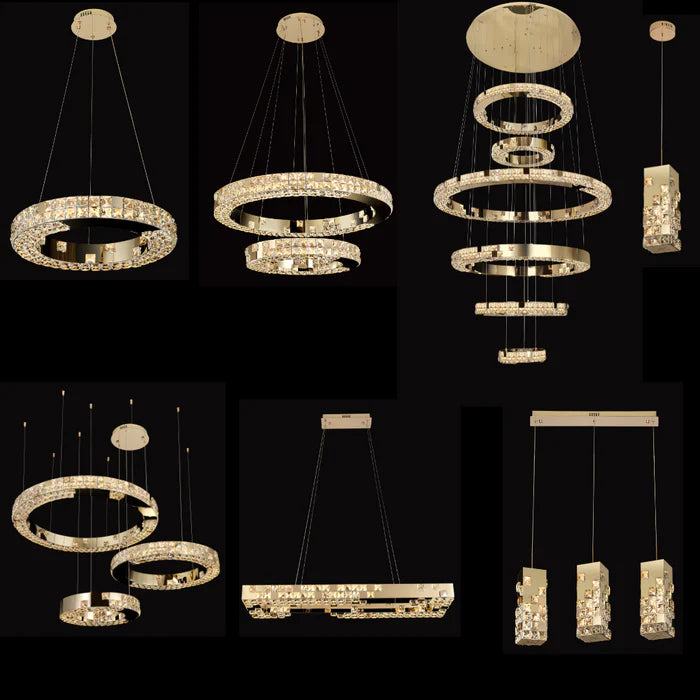 Modern Luxury 1/2/3/6-Ring Crystal Pixel Cube Chandelier Set for Staircase/Foyer/Living Room