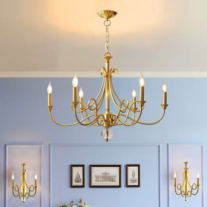 Candle Light Chandelier|Farmhouse Ceiling Fixtures|Natural Brass E14 Adjustable Length