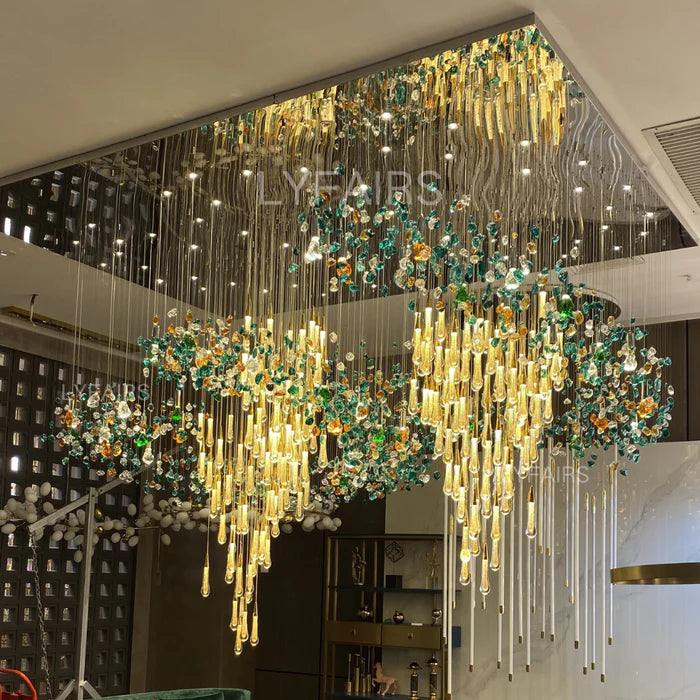 Extra Large Floating Crystal Raindrop Colorful Stone Chandelier for Hotel/Restaurant/Villa