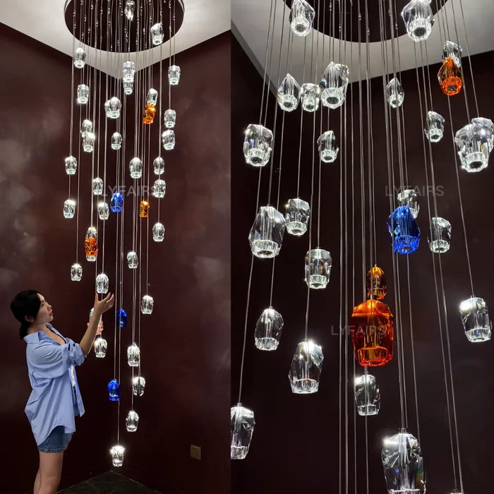 Modern Floating Clear/Blue/Amber Irregular Crystal Chandelier for High-ceiling