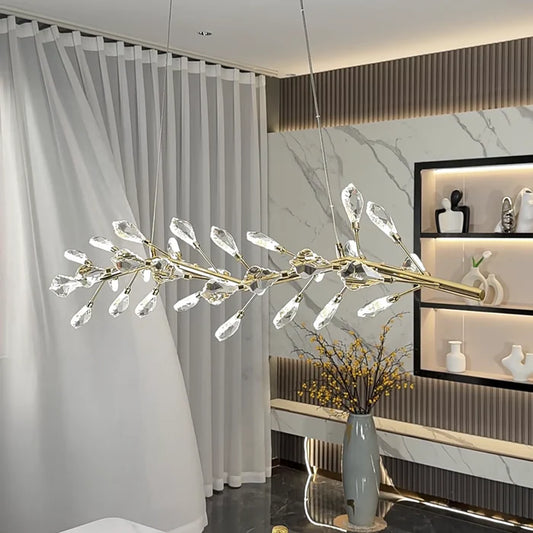 Modern Linear Branch Crystal Leaves Chandelier for Dining Room/Kitchen Island