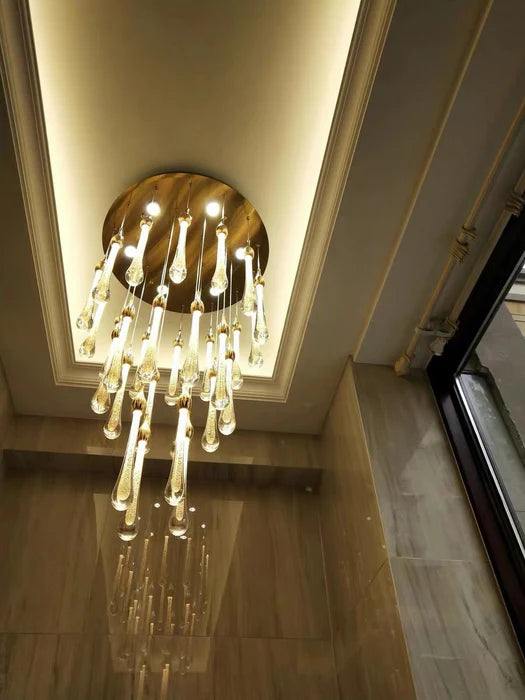 Foyer Glass Drops Pendant Chandelier Spiral Staircase High Ceiling Light Fixture In Gold Finish