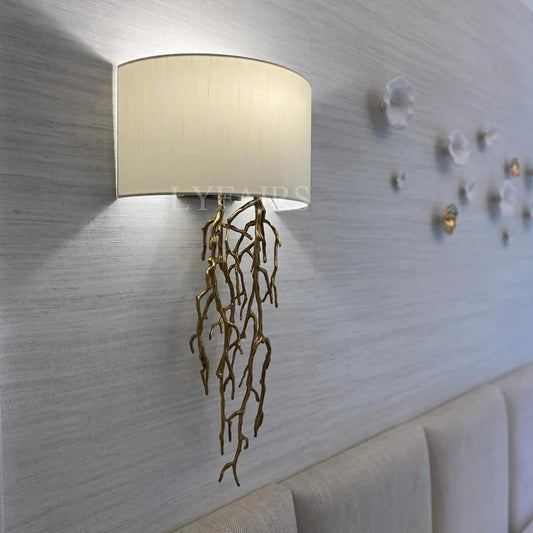 Modern Brass Branches Wall Lamp with White Lampshade