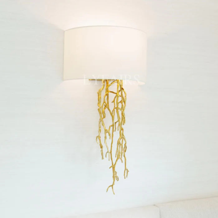 Modern Brass Branches Wall Lamp with White Lampshade