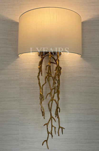 Modern Brass Branches Wall Lamp with White Lampshade