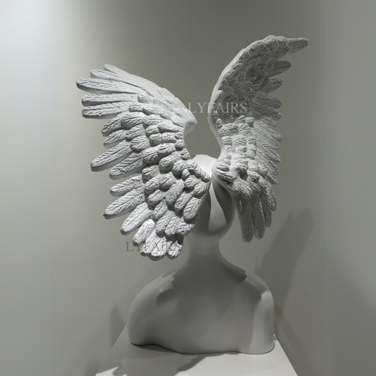 White Resin Angel Wings Sculpture with Contemporary Bust Base