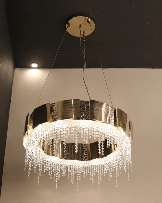 Post-modern Light Luxury Oval/Round Tiered Tassel Crystal Chandelier in Gold Finish for Living/Dining Room