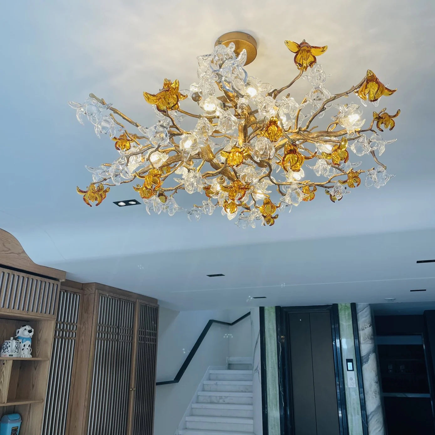 Designer Recommended Art Design Brass Branches Flower Glass Chandelier for Living Room/Dining Room/Kitchen Island