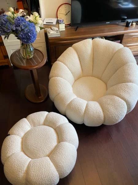 Fleece White Pumpkin Sofa Chair with Footstool