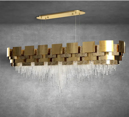 Post-modern Light Luxury Oval/Round Tiered Tassel Crystal Chandelier in Gold Finish for Living/Dining Room