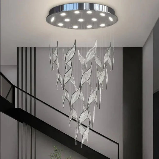 Modern Light Luxury Multi-layered Openwork Leaf Crystal Chandelier for Living Room/ Staircase/Duplex