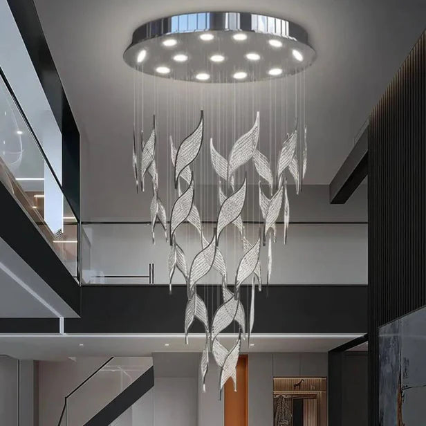 Modern Light Luxury Multi-layered Openwork Leaf Crystal Chandelier for Living Room/ Staircase/Duplex