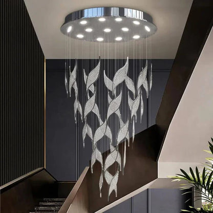 Modern Light Luxury Multi-layered Openwork Leaf Crystal Chandelier for Living Room/ Staircase/Duplex