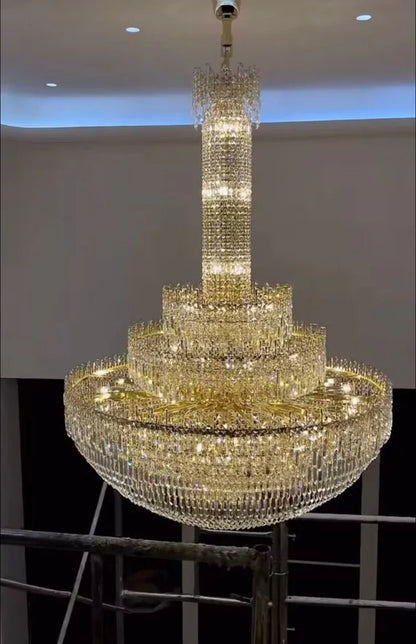 Luxury Oversized Gold European Crystal Chandelier 3-tiered Medium-length for Foyer/Staircase/Hallway/Entrway