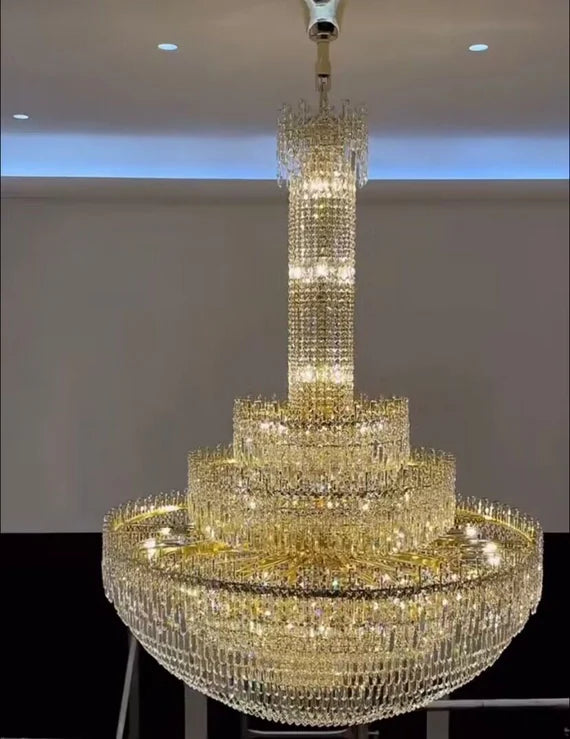 Luxury Oversized Gold European Crystal Chandelier 3-tiered Medium-length for Foyer/Staircase/Hallway/Entrway