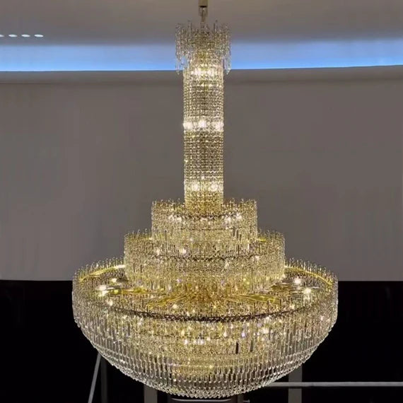 Luxury Oversized Gold European Crystal Chandelier 3-tiered Medium-length for Foyer/Staircase/Hallway/Entrway