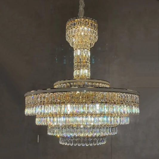 Modern Multi-tier Round Crystal Chandelier with White Leather for Foyer/Living Room/Staircase