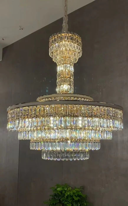 Modern Multi-tier Round Crystal Chandelier with White Leather for Foyer/Living Room/Staircase