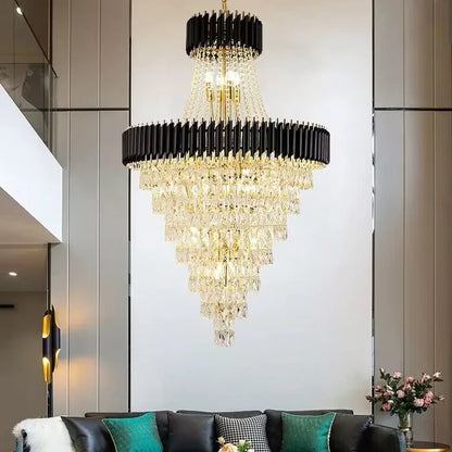 Extra Large Modern Multi-layers Gold/Black Light Luxury Crystal Chandelier for Foyer/High-ceiling