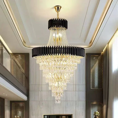 Extra Large Modern Multi-layers Gold/Black Light Luxury Crystal Chandelier for Foyer/High-ceiling