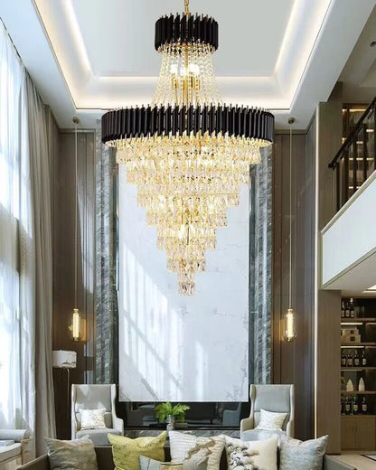 Extra Large Modern Multi-layers Gold/Black Light Luxury Crystal Chandelier for Foyer/High-ceiling