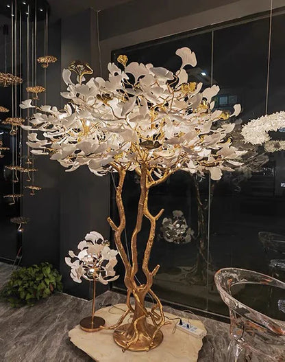 Luxury Creative White Ceramic Ginkgo Biloba Copper Branch Art Design Tree Floor Lamps for Living Room/Bedroom/Dressing Room