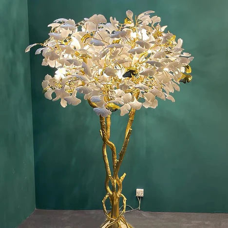 Luxury Creative White Ceramic Ginkgo Biloba Copper Branch Art Design Tree Floor Lamps for Living Room/Bedroom/Dressing Room