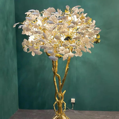 Gold White Ceramic Ginkgo Leaf Copper Branch Floor Lamps For Living Room Bedroom Beauty Salon