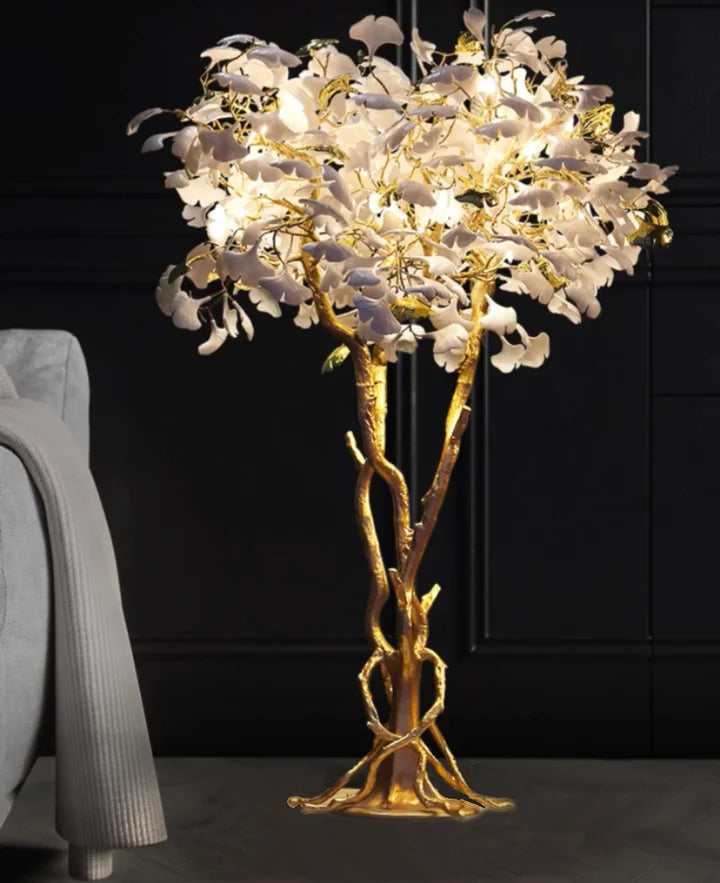 Gold White Ceramic Ginkgo Leaf Copper Branch Floor Lamps For Living Room Bedroom Beauty Salon