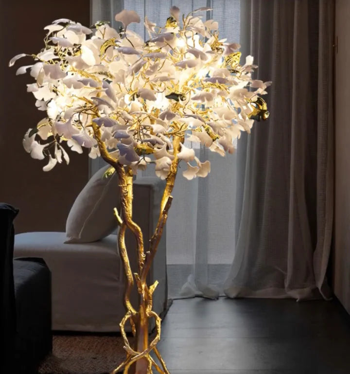 Gold White Ceramic Ginkgo Leaf Copper Branch Floor Lamps For Living Room Bedroom Beauty Salon