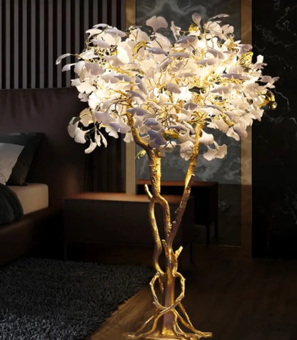 Gold White Ceramic Ginkgo Leaf Copper Branch Floor Lamps For Living Room Bedroom Beauty Salon