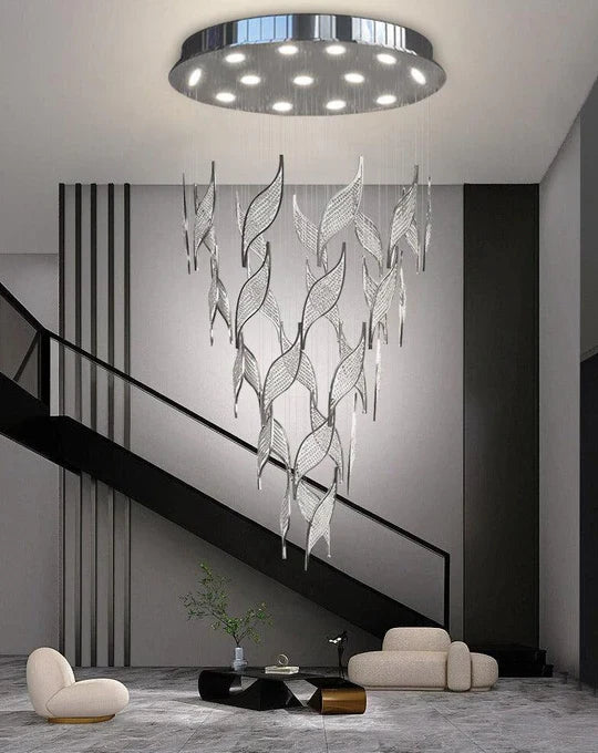 Modern Light Luxury Multi-layered Openwork Leaf Crystal Chandelier for Living Room/ Staircase/Duplex