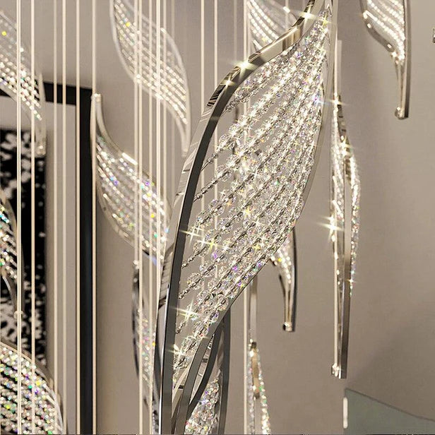 Modern Light Luxury Multi-layered Openwork Leaf Crystal Chandelier for Living Room/ Staircase/Duplex