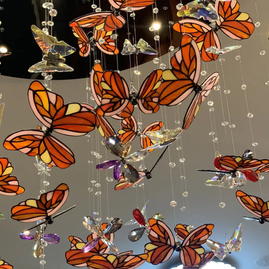 Modern Tiffany Glass Butterfly Chandelier for Dining Room