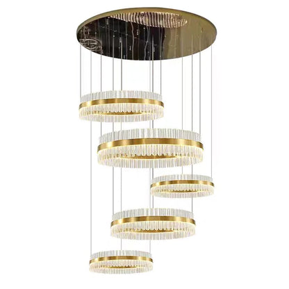 Modern Luxury 5-Ring Crystal Chandelier in Gold Finish for Staircase