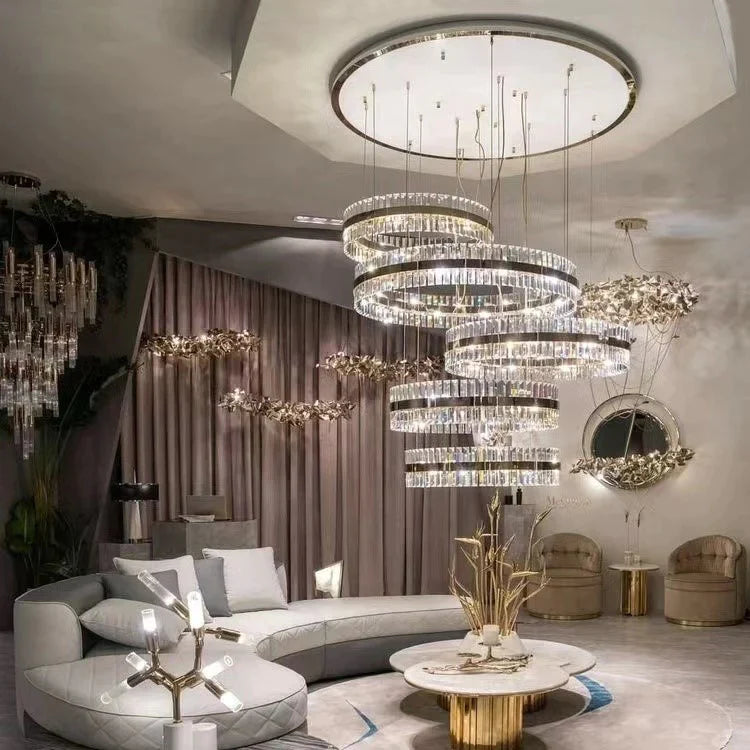 Modern Luxury 5-Ring Crystal Chandelier in Gold Finish for Staircase