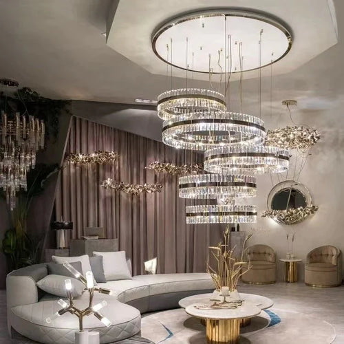 Modern Luxury 5-Ring Crystal Chandelier in Gold Finish for Staircase