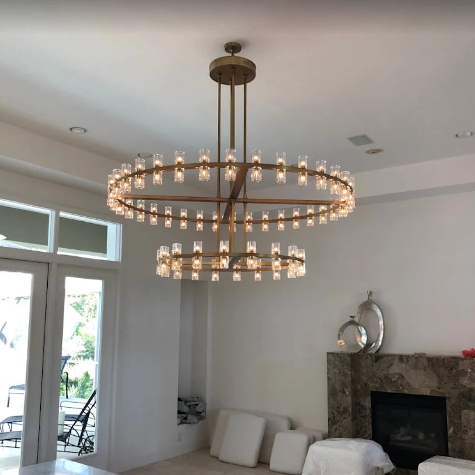 Modern Round 1/2-Tier Brass/Black/Chrome Rings Crystal Chandelier