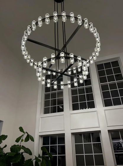 Modern Round 1/2-Tier Brass/Black/Chrome Rings Crystal Chandelier