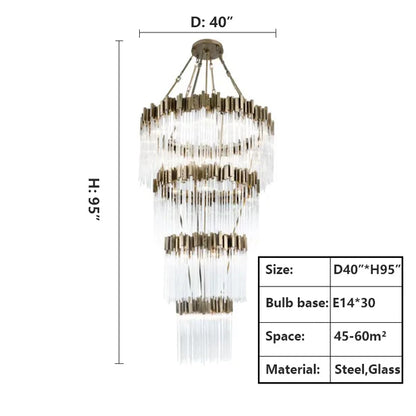 Large Elegant Multi-layers Glam Glass Chandelier for High-ceiling/Staircase/Entryway