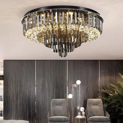 Light Luxury Smoke Gray Round Crystal Flush Mount Chandelier