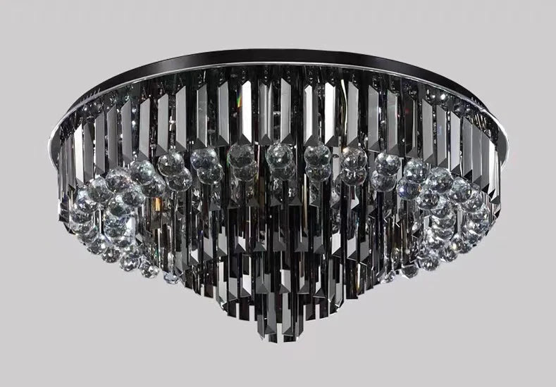 Light Luxury Smoke Gray Round Crystal Flush Mount Chandelier