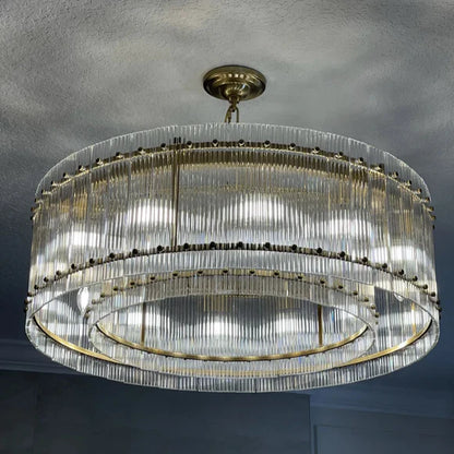 Modern 1-Tier Round Handmade Fluted Glass Panels Chandelier