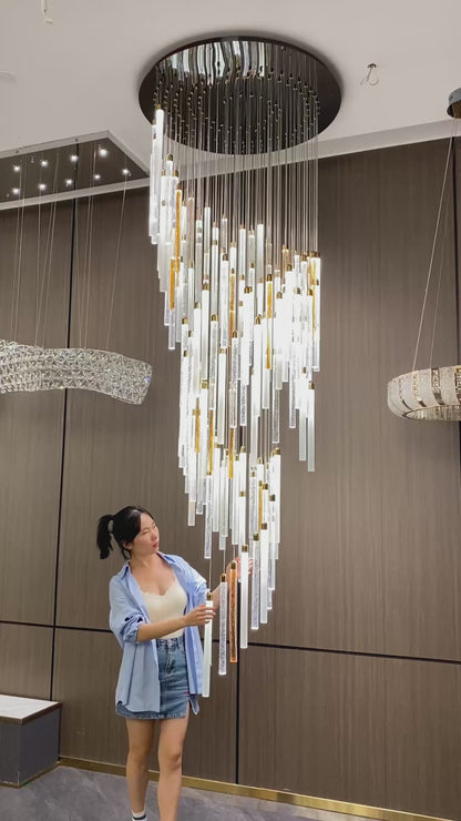 Modern Floating Clear&Orange Cylindrical Crystal Chandelier for High-ceiling