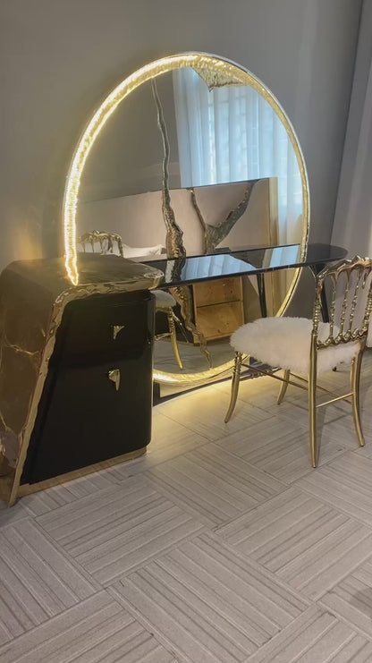 Luxury Brass Finish Marble Dressing Table&Silver Crackle Dressing Mirror