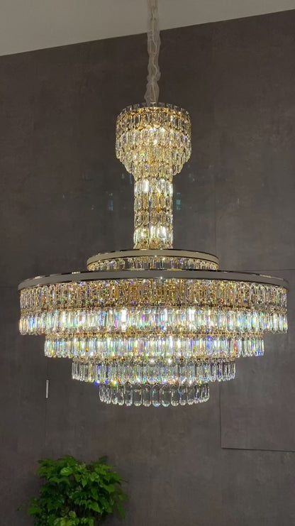 Modern Multi-tier Round Crystal Chandelier with White Leather for Foyer/Living Room/Staircase