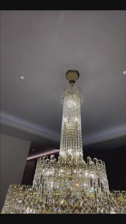 Luxury Oversized Gold European Crystal Chandelier 3-tiered Medium-length for Foyer/Staircase/Hallway/Entrway