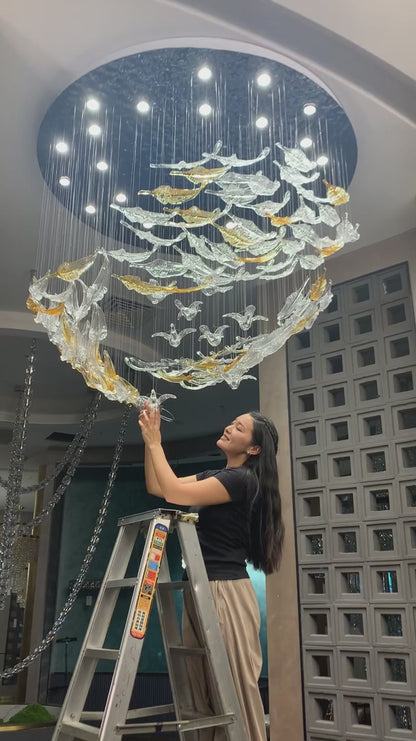 Modern Floating Glass Feather Chandelier for Living Room/Staircase/Foyer/High-ceiling