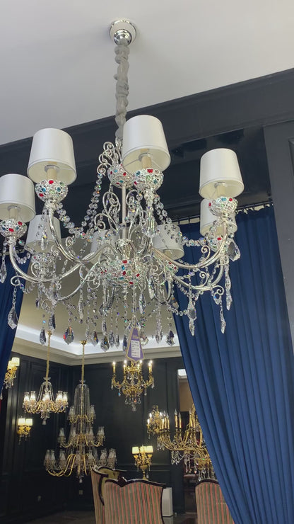 Luxury Candle Light Colorful Crystal Chandelier in Silver Finish